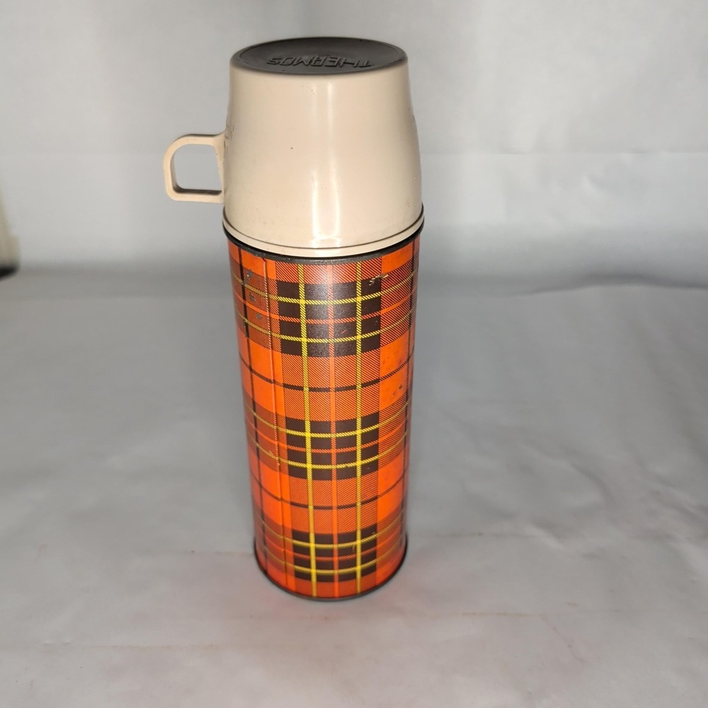 Vintage Thermos Plaid Vacuum Flask Orange Insulated Cup Lid Handle Hot Cold - Picture 6 of 6